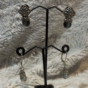 Two pairs of petite drop earrings moonstone gray type stone silver ornate metal